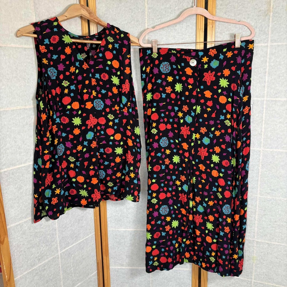 Vintage CAROLE LITTLE Women Size 16 Black Floral Sleeveless Top and Skirt Set